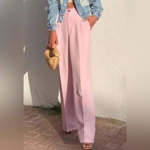 ZARA WOMEN’S HIGH WAISTED WIDE LEG FULL LENGTH PANTS PASTEL PINK SIZE SMALL
